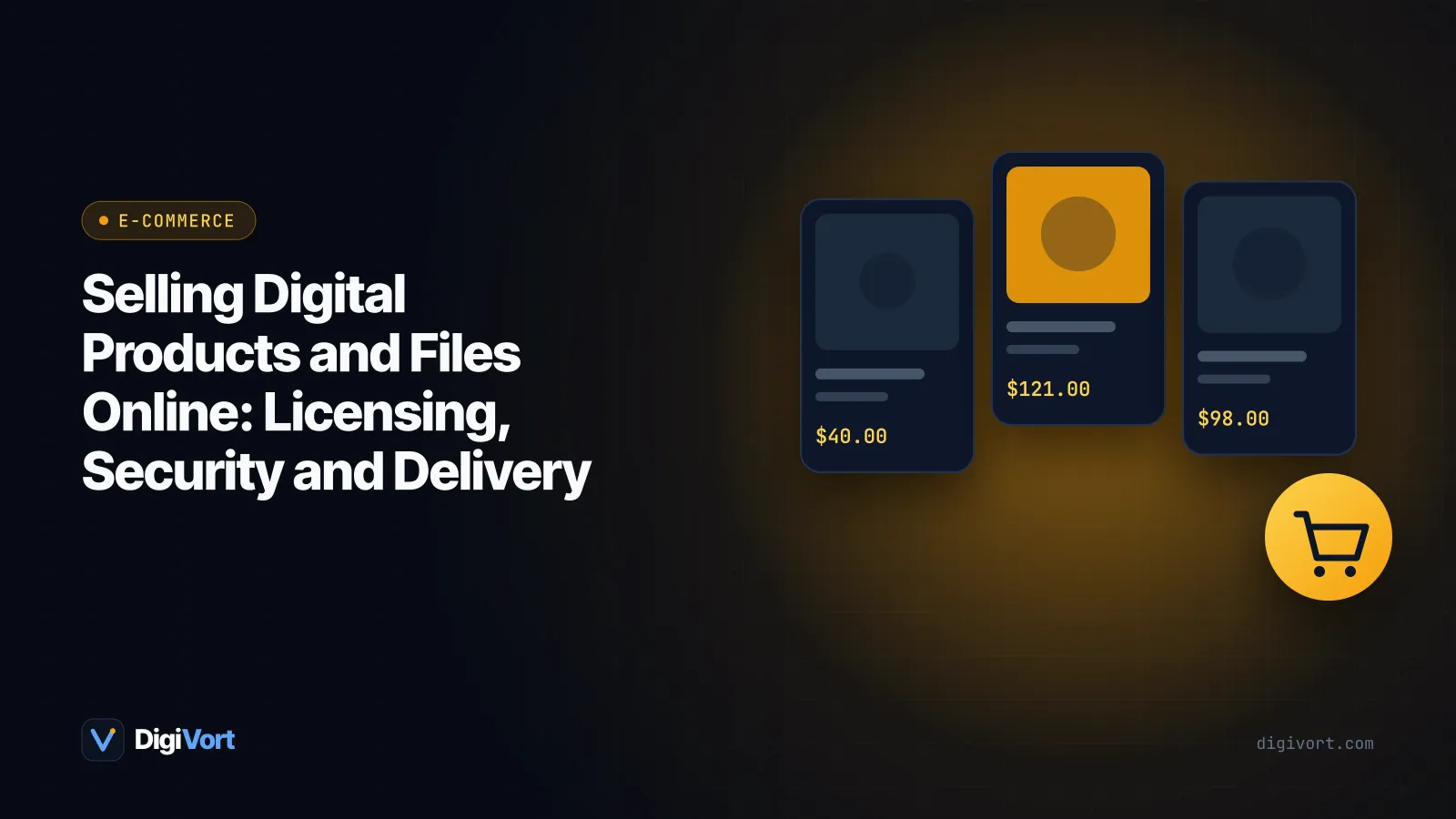Illustration of digital files such as 3D models, templates and e-books flowing through a secure download portal to buyers