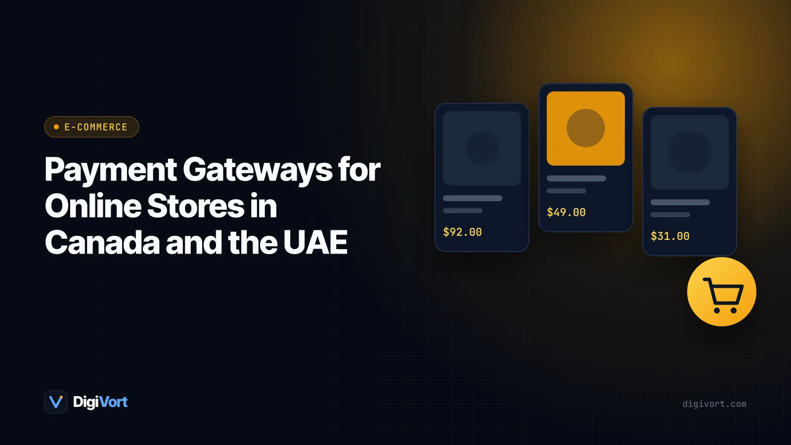 Illustration of a checkout screen with Canadian and UAE flags, credit cards and a secure payment shield