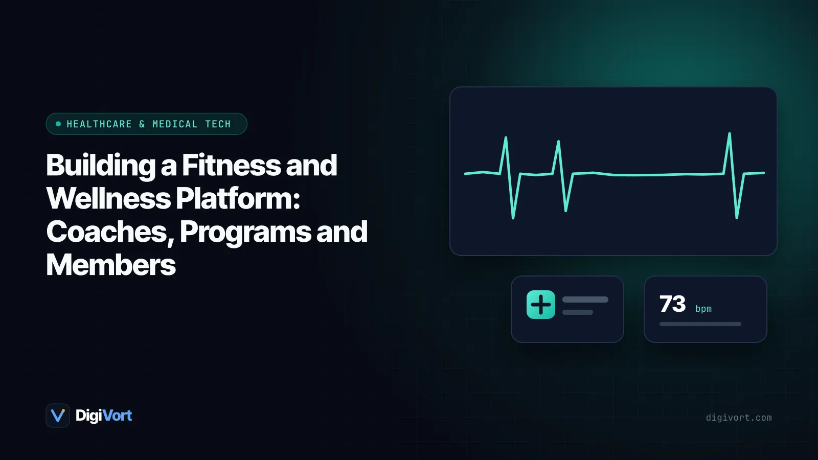 Illustration of a fitness platform dashboard with workout programs, a coach profile, class schedule and member progress charts