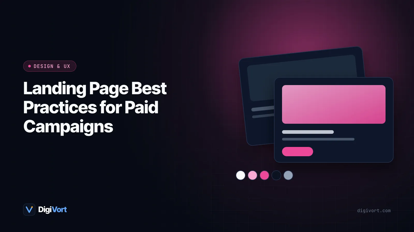 Illustration of an ad card connected by an arrow to a focused landing page with a headline, short form and trust badges
