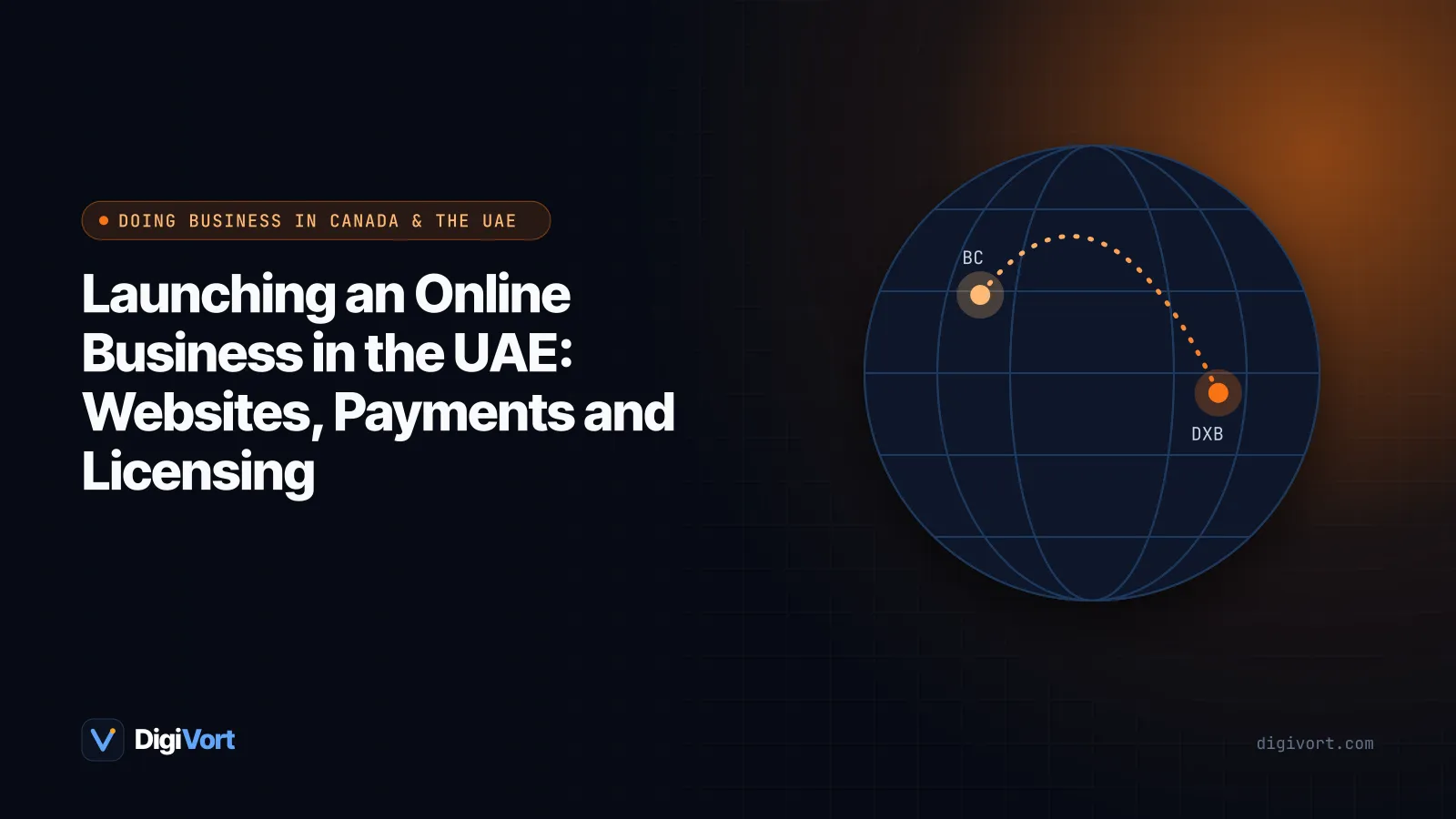 Illustration of a bilingual Arabic and English online store on a laptop with the Dubai skyline, a payment card and a trade licence document