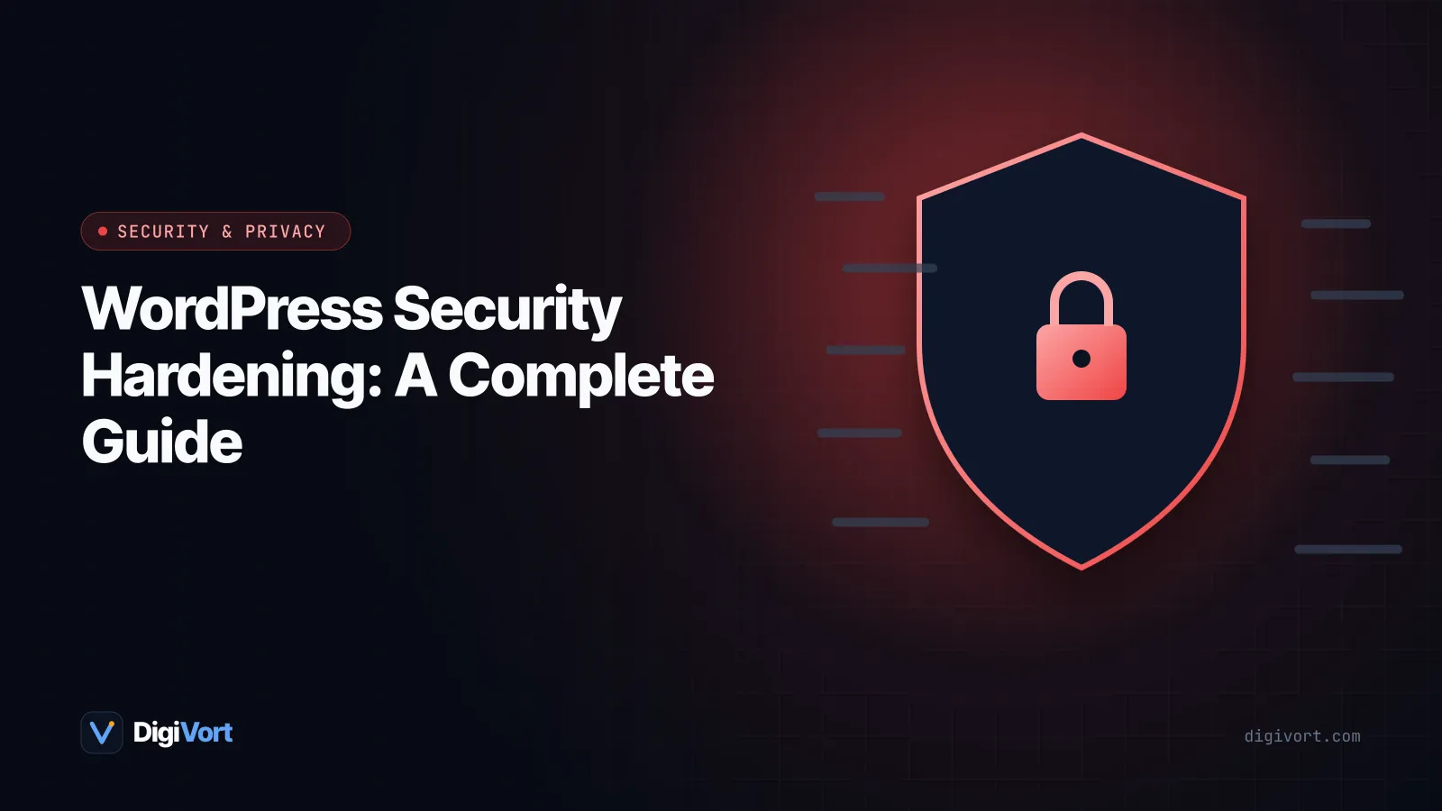 Illustration of a WordPress dashboard wrapped in layered shields, with a padlock, update arrows and a server